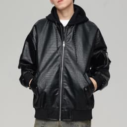 YLSDY Men's Faux Leather Jacket Zipper Hooded Bomber Jacket Loose Fit PU Leather Motorcycle Outwear Large Black M - Thumbnail 6