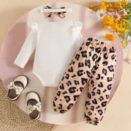 Newborn Girl Fall Winter Outfits Pants Set Preemie Infant Clothing Long Sleeve Ruffle Romper + Bow Leopard Print Pants Clothing Sets for Newborn Baby Girl 0 3 6 9 12 18 24 Months - Thumbnail 6