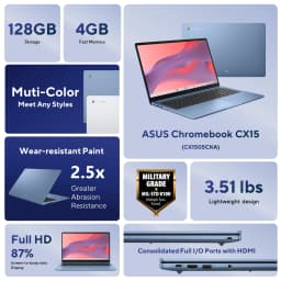 ASUS CX15 15.6 inch FHD IPS Chromebook Laptop Intel Celeron N4500 4GB RAM 128GB eMMC Fabric Blue - Thumbnail 2