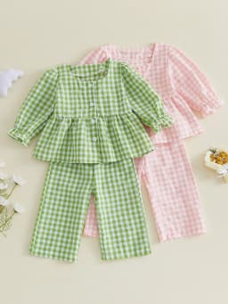 Loicainy Baby Toddler Girls Fall Clothes Set 6 12 18 24 Months 2T 3T 4T 5T Plaid Square Neck Button up Long Sleeve Shirt and Elastic Pants 2 Piece Outfits - Thumbnail 3
