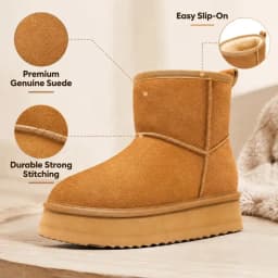 Crestar Platform Mini Boots for Women, Genuine Suede Fuzzy Ankle Snow Boots with Fur Lined, Chestnut - Thumbnail 2