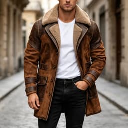 USNSM Men's Vintage Faux Leather Jacket Sherpa Lined Plush Collar Warm Winter Coat Western Cowboy Motorcycle Thick Overcoat Brown XXL - Thumbnail 9