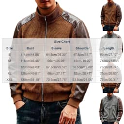 LEKWK Bomber Jacket Men Full Zip Stand Collar Faux Leather Coat with Pockets Vintage Raglan Long Sleeve Fall Casual Moto Biker Outerwear Brown XXL - Thumbnail 3
