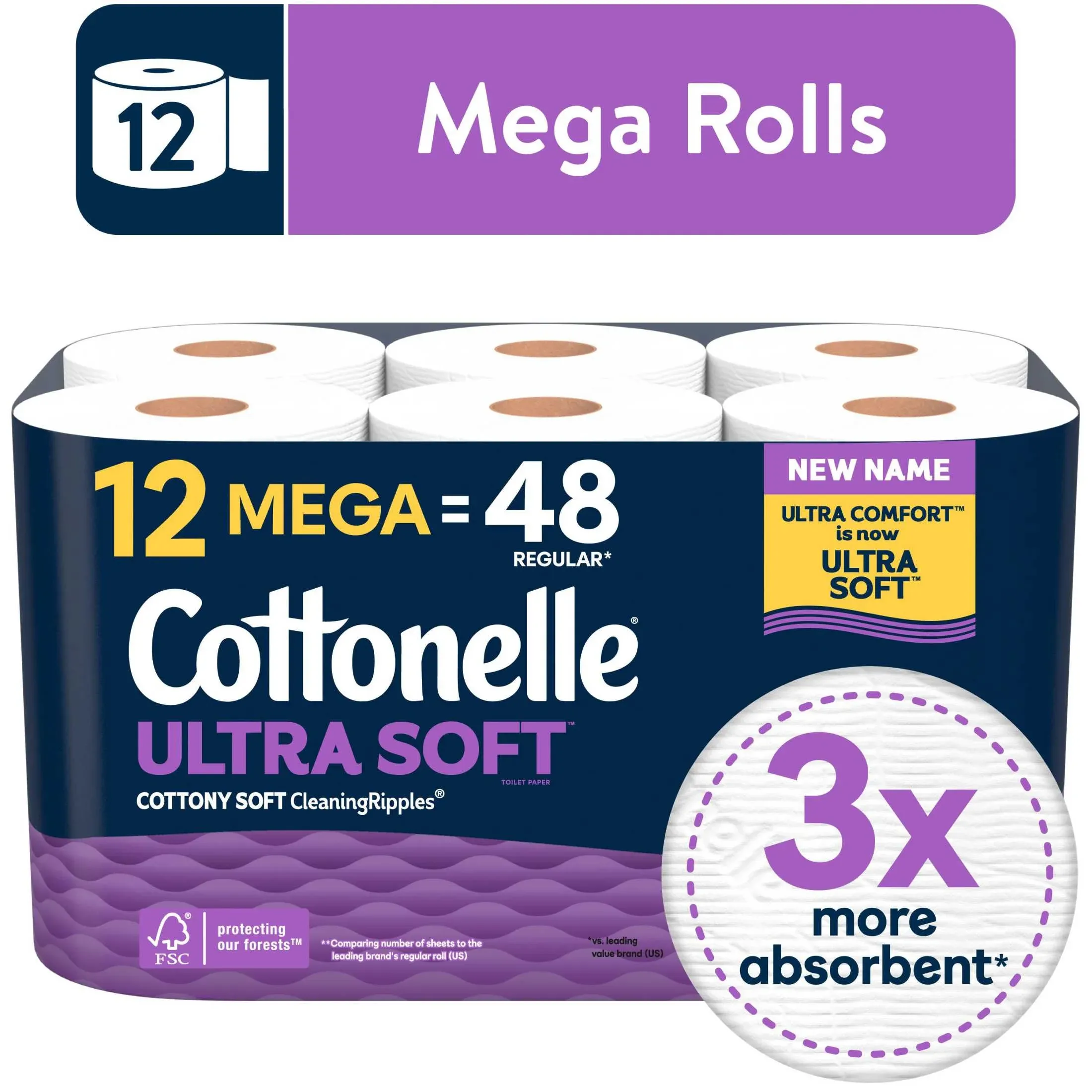 Cottonelle Ultra Soft Toilet Paper, Strong Toilet Tissue, 12 Mega Rolls