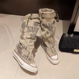 Women’s Knee High Punk Goth Boots, Wide Calf Lace-Up Canvas Boots with Buckles, Fold-Over Graffiti Print, Distressed Sole Streetwear - Thumbnail 4