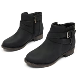 Women's Ankle Boots - Classic Side Zip, Cover with Buckle Strap, Comfortable Platform, Round Toe, Low Chunky Heel Comfort Slip On Fashion Black Boots. - Thumbnail 1