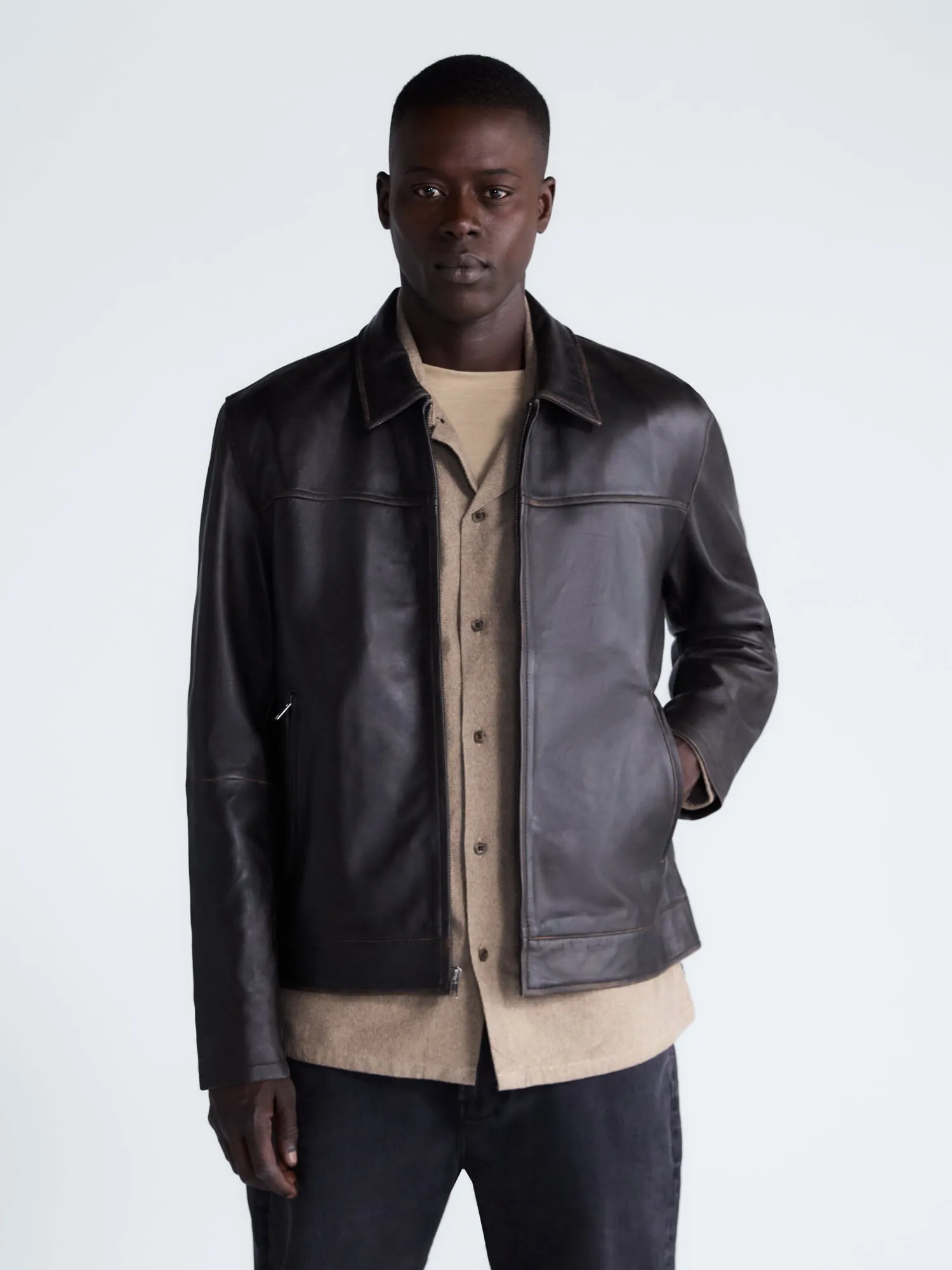 Free Assembly Men's Leather Jacket with Zip Pockets, Sizes XS-2XL
