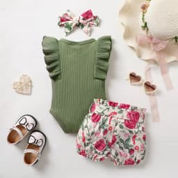 Younger Tree Ropa de Bebé Niña Conjunto de Verano para Infante Mameluco de Manga con Volantes y Shorts Florales con Diadema para 6-12 Meses - Thumbnail 2
