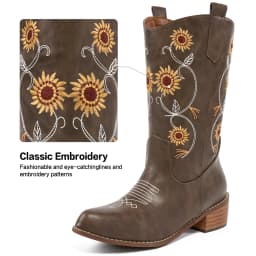 Ecetana Women's Western Cowboy Boots Sunflower Embroidered Mid-Calf Pointed Toe Chunky Heel Cowgirl Boot - Thumbnail 4