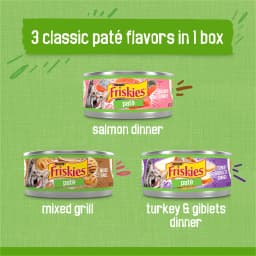Purina Friskies Salmon Dinner, Turkey & Giblets Dinner, & Mixed Grill Pate Wet Cat Food Variety Pack, 5.5 oz Cans, 12 Pack - Thumbnail 4