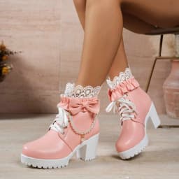 Women Chunky Heel Lace Up Booties Kawaii Shoes with Bow,Lolita Boots for Women Cosplay Shoes Platform Sweet Ankle Boots - Thumbnail 4