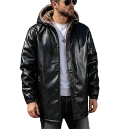 Mens Faux Leather Jackets Full Zipper Drawstring Hooded Long Sleeve Fashion Motorcycle Jacket Black XL - Thumbnail 2