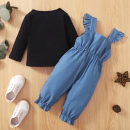 9 Months Baby Girls Clothes 12 Months Girls 2PCS Fall Winter Outfits Infant Girls Long Sleeve Top Overall Pants Set Black - Thumbnail 3