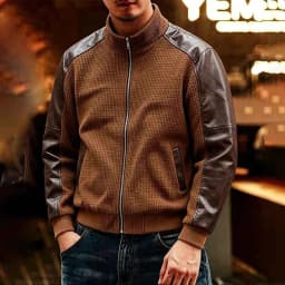 LEKWK Bomber Jacket Men Full Zip Stand Collar Faux Leather Coat with Pockets Vintage Raglan Long Sleeve Fall Casual Moto Biker Outerwear Brown XXL - Thumbnail 1