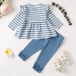 9 Months Baby Girls Clothes 12 Months Girls 2PCS Outfits Set Infant Girls Long Sleeve Stripe Top Pants Set Blue - Thumbnail 4