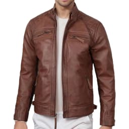 JUUYY Men's Genuine Biker Leather Quilted Shoulders Jacket Cafe Racer Leather Full Zipper Fashion Jackets Brown XXL - Thumbnail 1
