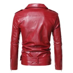 ZCFZJW Men's Vintage Asymmetric Zip Lightweight Faux Leather Biker Jacket Trendy Slim Fit Outwear Overcoat Retro Notched Lapel Pu Biker Coat with Pockets Red XL - Thumbnail 4