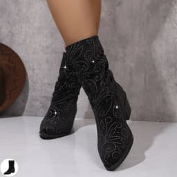 Willtoo Women Mid Calf Boots, Rhinestone Pointed Toe Comfortable Booties, Faux Suede Pull On Chunky Heel Fashion Boots for Party & Daily Wear - Thumbnail 1