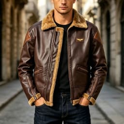 LEKWK Faux Leather Jacket for Men Sherpa Collar and Lining Full Zip Front with Multiple Zipper Pockets Warm Bomber Coat for Motorcycle Travel Outdoor and Winter Casual Wear - Thumbnail 1
