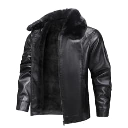 FRSASU Men's Faux Leather Sherpa Lined Trucker Jacket Fleece Collar Winter Warm Coats PU Leather Jacket Leather Motorcycle Jacket for Men Black - Thumbnail 1