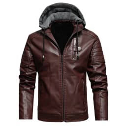 Men's Faux Leather Jacket Waterproof Bomber Jacket Winter Fleece Vintage PU Motorcycle Jacket Zip-Up Cafe Racer Coat - Thumbnail 1