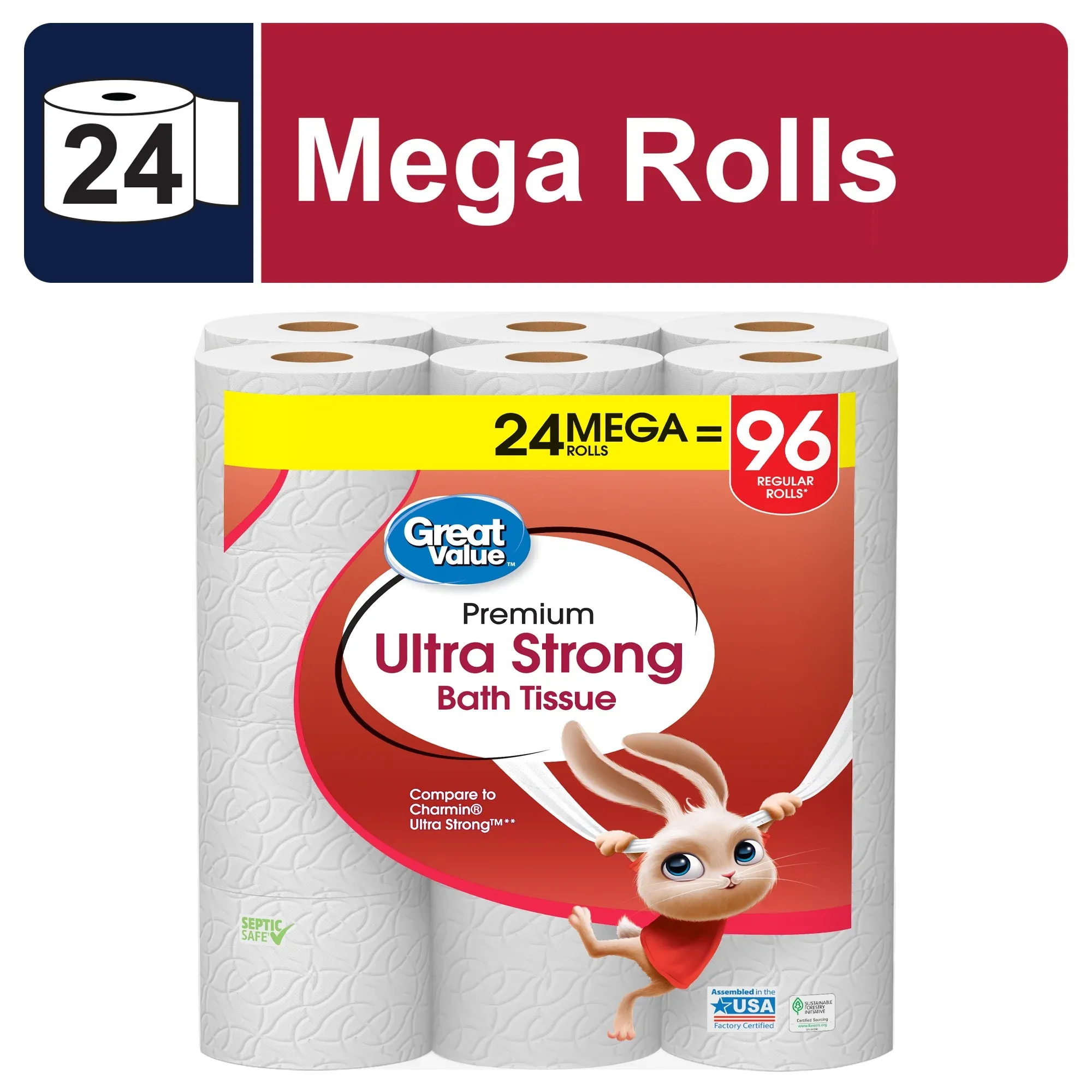 Great Value Ultra Strong 2-Ply Toilet Paper, 24 Mega Rolls, Compare to Charmin® Ultra Strong™