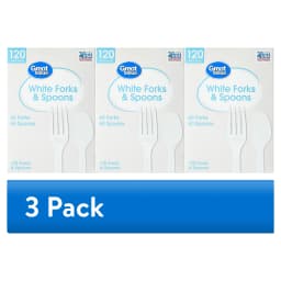 (3 pack) Great Value Everyday Disposable Plastic Forks and Spoons, White, 120 Count, 60 Forks and 60 Spoons - Thumbnail 1