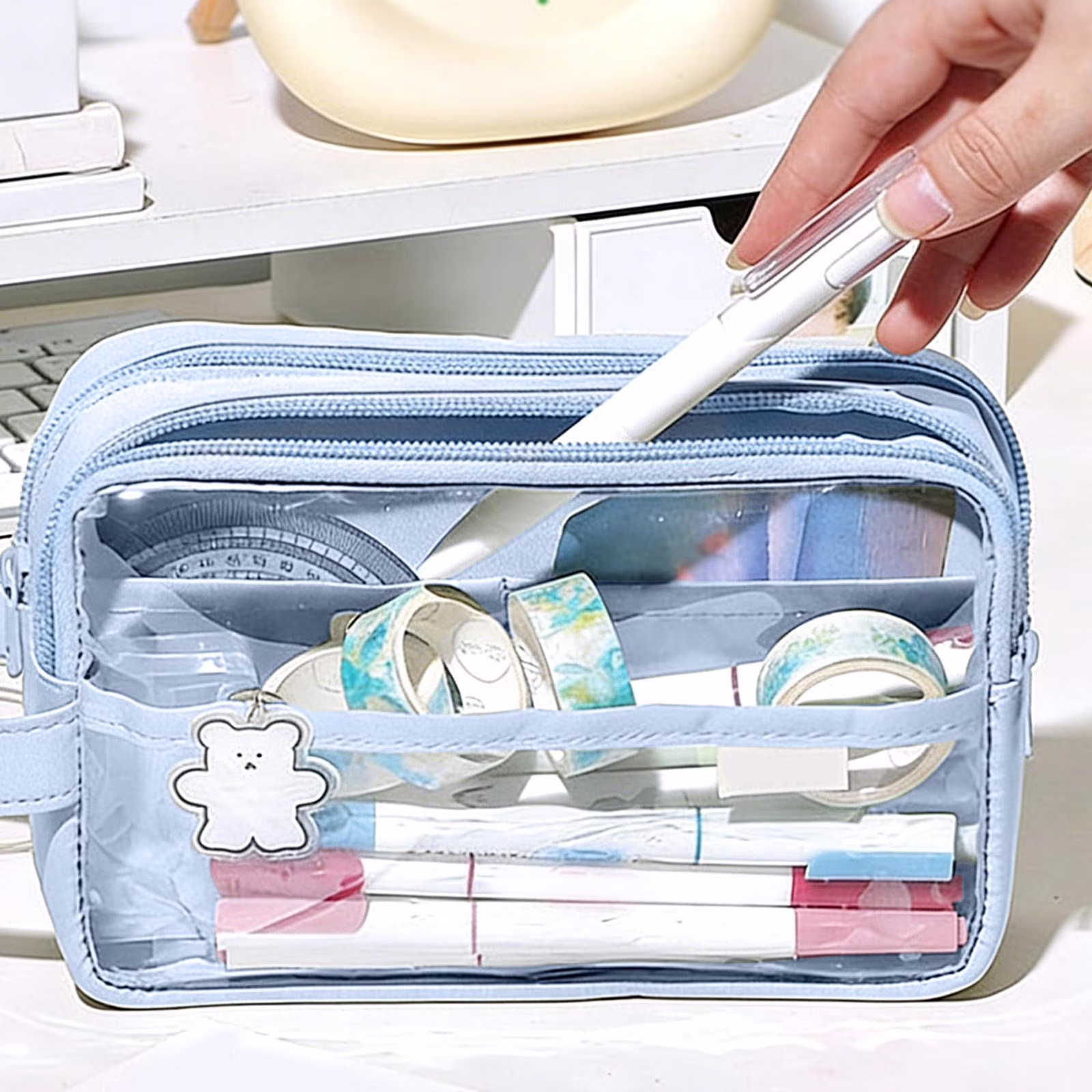 Dmlowu Pencil Pouch, Waterproof Pencil Case with 2 Zippered Compartments, Large Capacity Clear Bag for Office Journal Supplies - Thumbnail 6