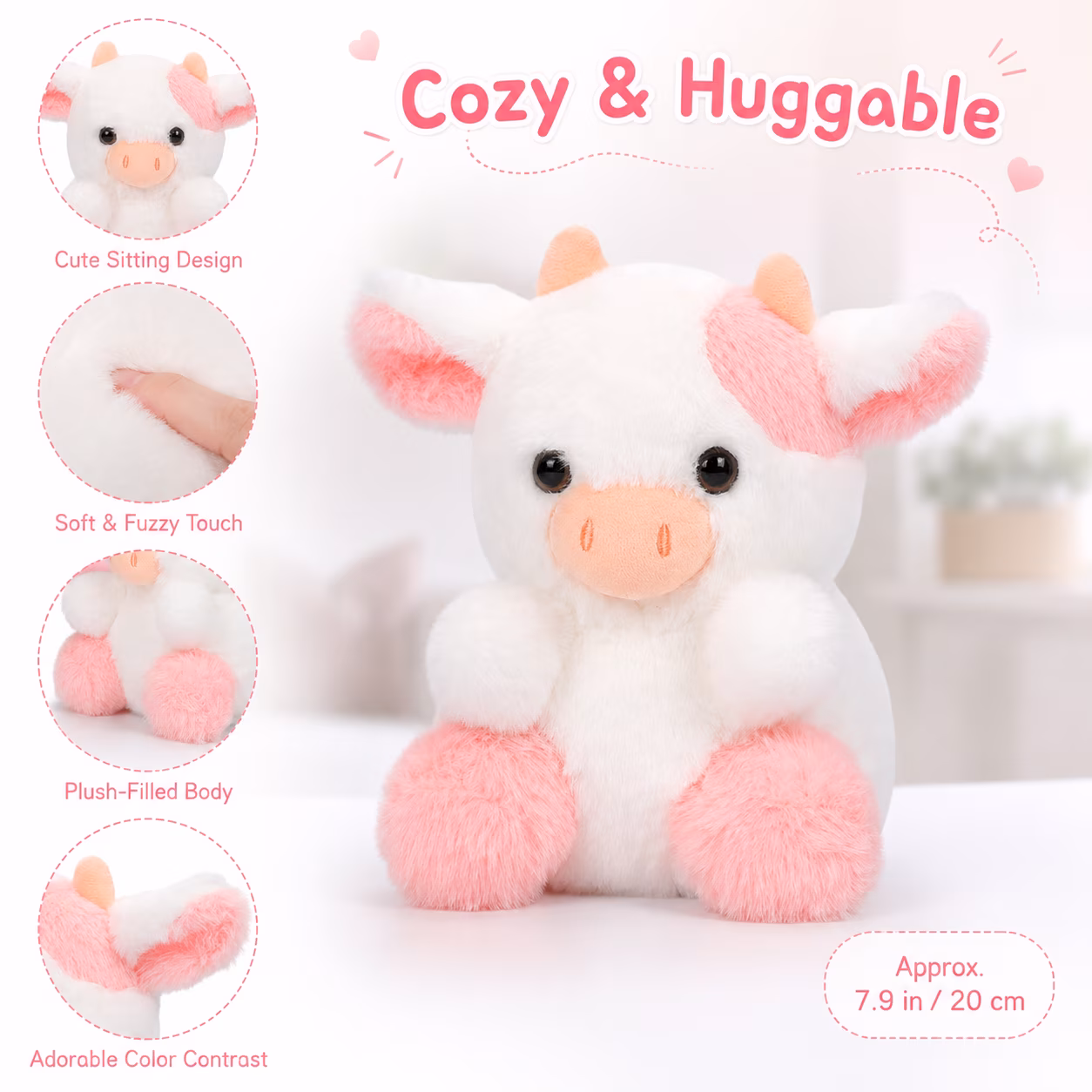 Strawberry Cow Plush Doll - Cute Stuffed Animal Toy, Soft Cuddly Cow Plushie, Durable Family Stuffed Toy, Perfect Holiday Birthday Gift for Easter - Thumbnail 4