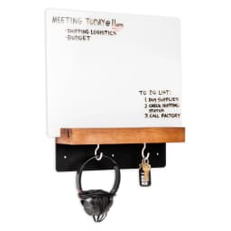 Mind Reader Whiteboard Message Center, Glass Dry Erase Board with Wood Holder and Hooks, Removable Whiteboard for Office or Home, Wall Mounted, 18" x - Thumbnail 1
