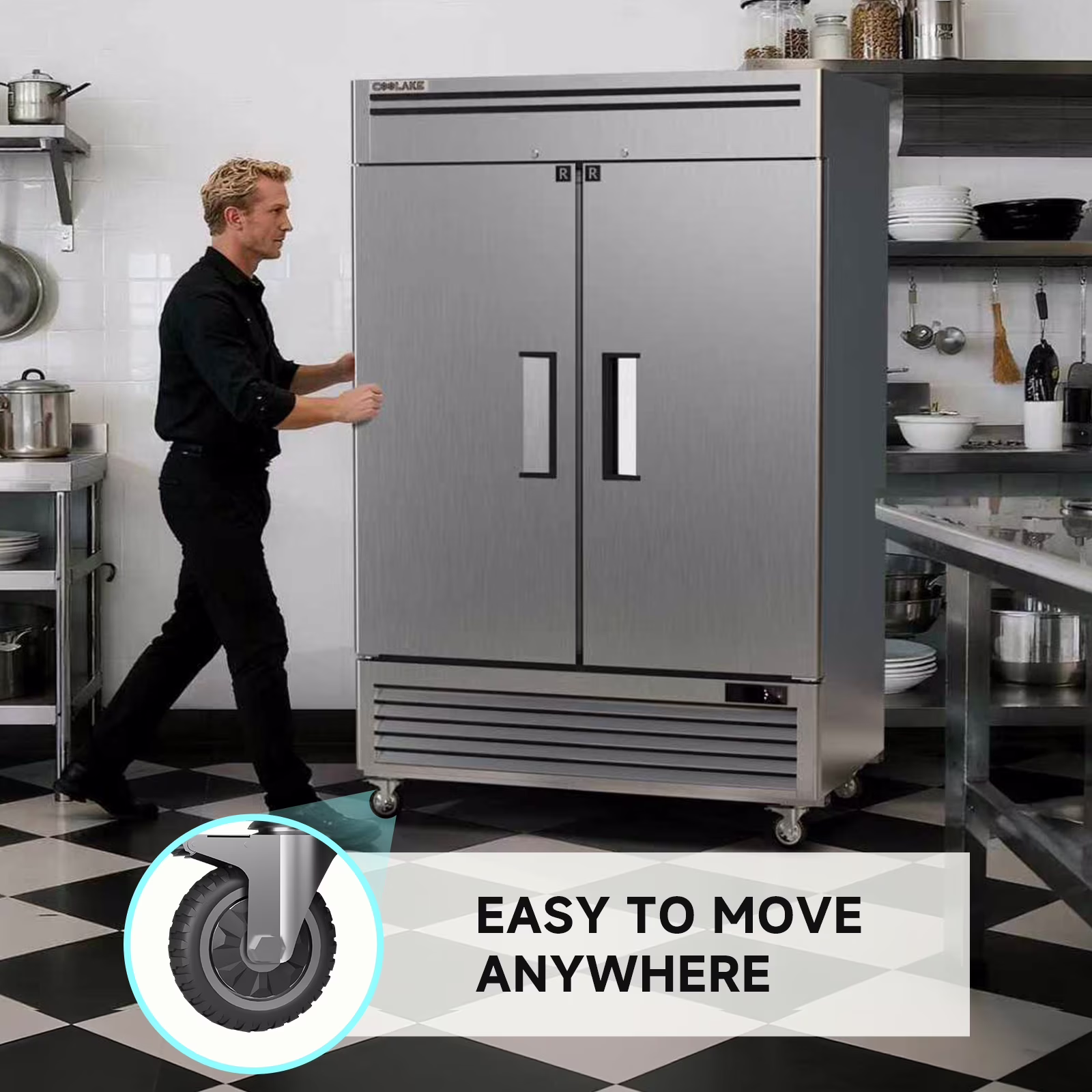 Coolake 49 Cu Ft Commercial Refrigerator, 54.4" W 2 Door Upright Fridge with 8 Adjustable Shelves, Frost-free Stainless Steel Industrial Reach-in - Thumbnail 3