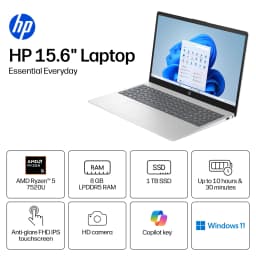 HP 15.6 inch FHD IPS Touch Windows Laptop AMD Ryzen 5 7520U 8GB 1TB SSD Natural Silver - Thumbnail 2