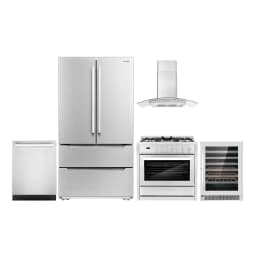 Cosmo 5 Piece Kitchen Appliance Package with 36" Freestanding Gas Range 36" Wall Mount Range Hood 24" Built-in Fully Integrated Dishwasher French - Thumbnail 1