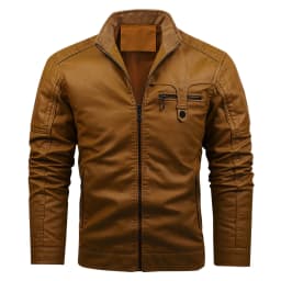 Maoxin Men's Leather Jacket Men Leather Jacket Multiple Pockets Zipper Loose Coat Solid Color Long Sleeved Hooded Leatherwear Loose Coat Leather Jackets for Men - Thumbnail 1