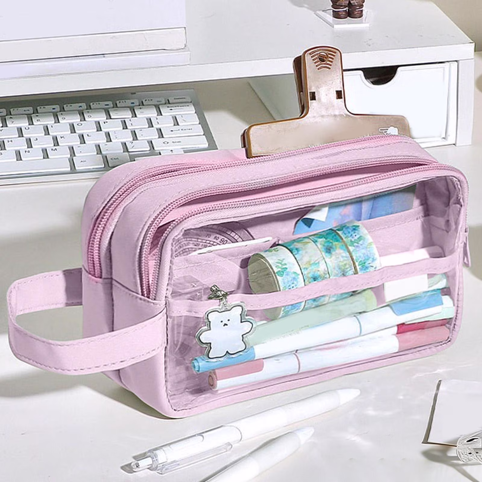 Dmlowu Pencil Pouch, 2 Separate Zippered Compartments Waterproof Pencil Case, Large Capacity Clear Bag for Pens Markers Tape Journal Supplies Badges - Thumbnail 6