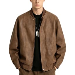 LMOIPLI Men Stand Collar Vintage Textured Faux Leather Bomber Jacket Snap Button Oversized Casual Outer Coat for Spring Fall Street Campus Daily Walking Coffee XS - Thumbnail 1