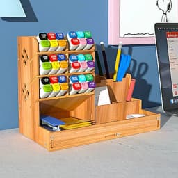 Wooden Pen Pencil Storage Holder Organizer Office Study Desk Tidy Caserack Shelf - Thumbnail 5