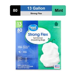 Great Value Strong Flex 13 gal Tall Kitchen Trash Bags, Drawstring, Mint Scent, White, 80 Count - Thumbnail 1