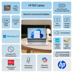 HP 15.6 inch FHD IPS Touch Windows 11 Laptop AMD Ryzen 7 7730U 16GB RAM 512GB SSD Natural Silver - Thumbnail 2