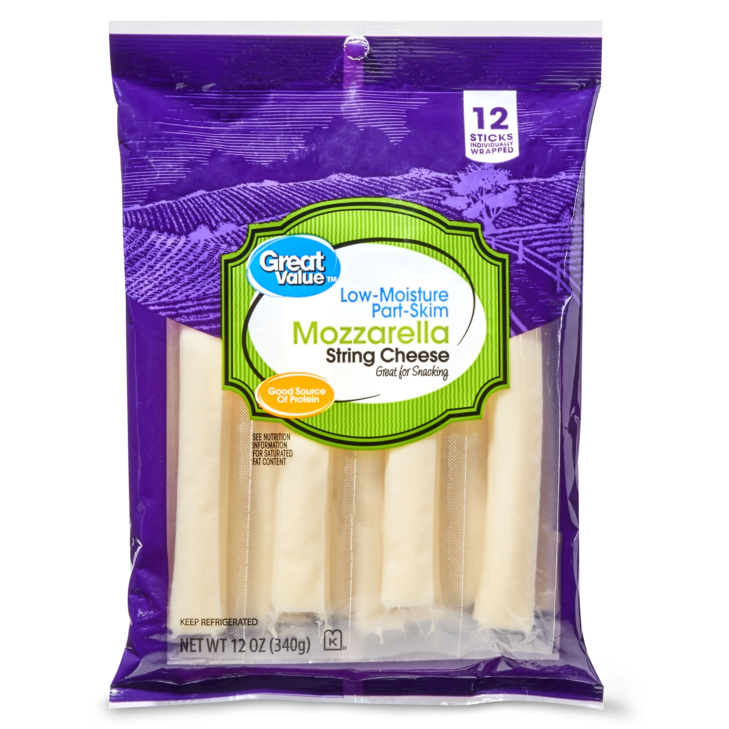 Great Value Mozzarella String Cheese Sticks, 12 oz Bag, 12 Count