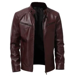 TIHLMK Men's Outerwear Jackets & Coats Vintage Stand Collar Men's Leather Plus Fleece Jacket, Motorcycle Jacket, Warm Leather Jacket Red - Thumbnail 1