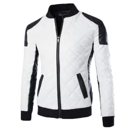 YODETEY Men Casual Color Matching Leather Stand-Up Collar Zipper Jacket Coats White 16(XXXXXL) - Thumbnail 2