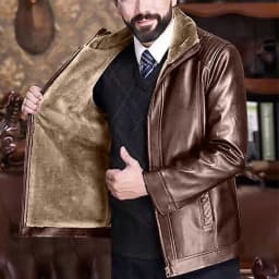 Kalauyu Men's Faux Leather Jacket Fleece Bomber Motorcycle Jacket Lapel - Thumbnail 5