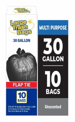 Basic Large Trash Bags, 30 Gallon, Flap Tie, 10 Bags - Thumbnail 1