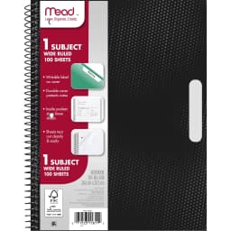 Mead 1 Subject Wide Ruled Notebook, 8" x 10.5", Black, Poly, Spiral, 100 Sheets - Thumbnail 7