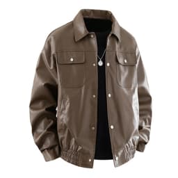 Men's Leather Jacket Lapel Collar Motorcycle Coat Full Zip Faux Leather Bomber Jackets Outdoor Hiking - Thumbnail 4