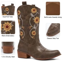 Ecetana Women's Western Cowboy Boots Sunflower Embroidered Mid-Calf Pointed Toe Chunky Heel Cowgirl Boot - Thumbnail 3
