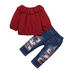 Infant Baby Girl Clothes Baby Girl 2PCS Outfits Long Sleeve Ruffle Collar Top Jeans Pants Set Wine Red 6-9 Months - Thumbnail 1