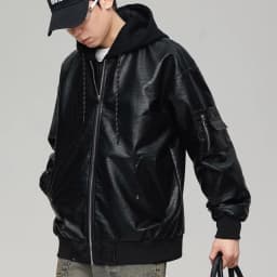 YLSDY Men's Faux Leather Jacket Zipper Hooded Bomber Jacket Loose Fit PU Leather Motorcycle Outwear Large Black M - Thumbnail 2