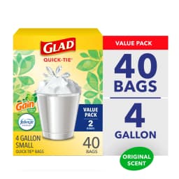 Glad Quick-Tie 4-Gallon Small Trash Bags, Gain Original Scent, 20 Bags, 2 Pack - Thumbnail 1